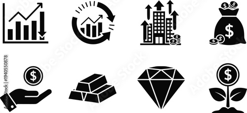 Black finance and investment icon set with growth charts, money bag, gold bars, diamond, buildings, savings, wealth management symbols collection