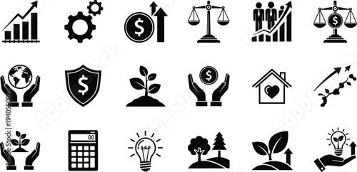 Business, finance and sustainability icon set with growth charts, money protection, balance scales, eco plant, calculator vector symbols