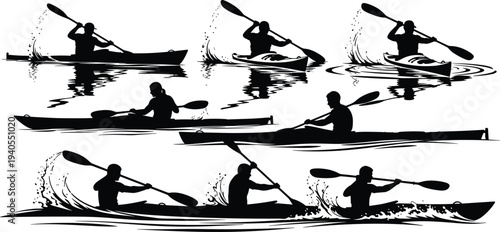 Kayaking and canoe paddling silhouettes collection with athletes rowing on water, outdoor adventure sport activity vector illustration set