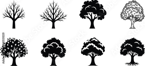 Collection of various tree silhouettes in different shapes and sizes