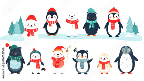 Adorable arctic animal characters group with penguin seal polar bear and walrus wearing winter accessories in a cute flat vector design