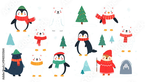 Adorable arctic animal characters group with penguin seal polar bear and walrus wearing winter accessories in a cute flat vector design