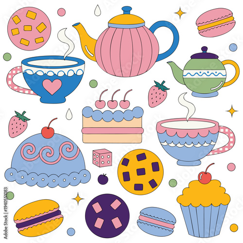 Cute Tea Time Desserts and Teacups Illustration Set