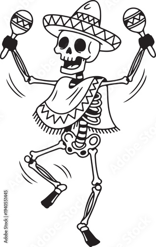 Dancing skeleton in sombrero and poncho playing maracas