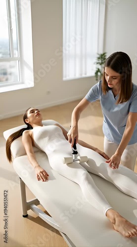 A therapist uses a massage tool on a client's legs for relaxation