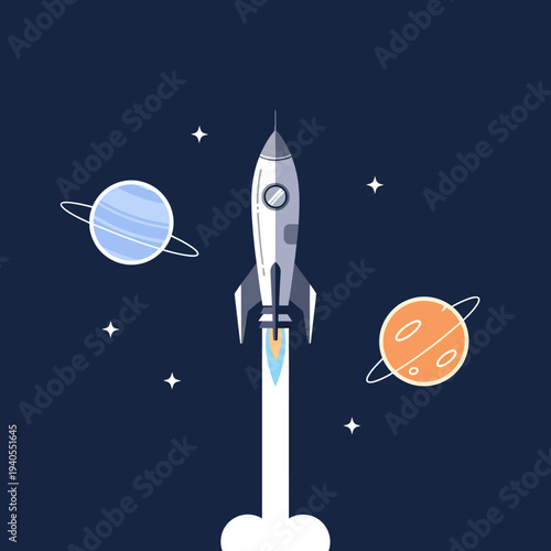 Rocket Launching into Space with Planets and Stars