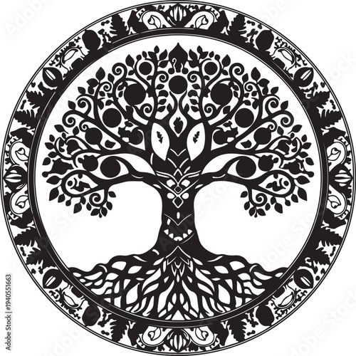 Intricate tree of life design with floral patterns
