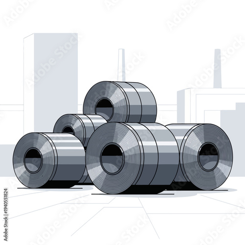 Industrial steel coils stacked in front of factory buildings, raw material, manufacturing, heavy industry