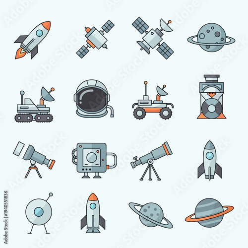 Space Exploration Icons: Rockets, Planets, Satellites, Rovers, Helmets, Telescopes