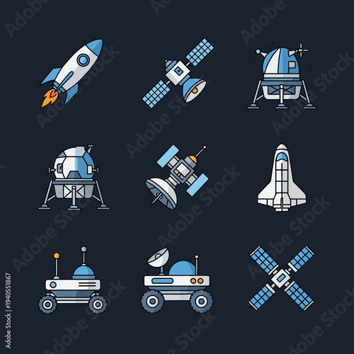 Space Exploration Icons: Rockets, Satellites, Rovers, and Space Shuttle