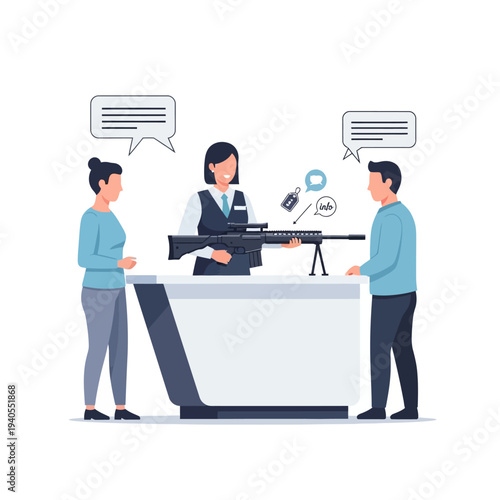 Salesperson showing sniper rifle to couple at gun store counter