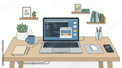 Laptop Computer on Desk with Accessories.