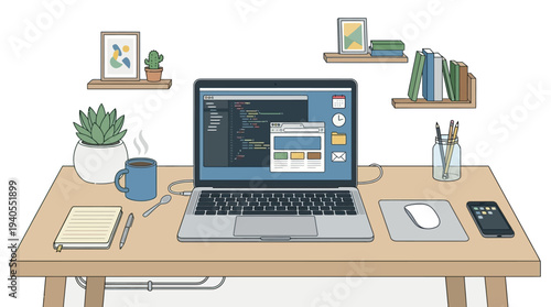 Laptop on Desk with Office Supplies.