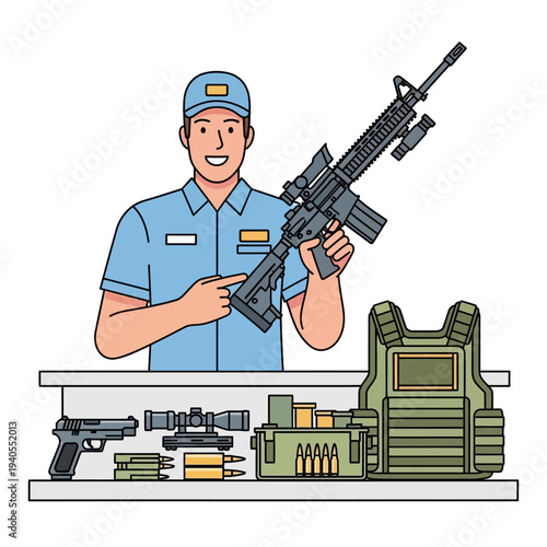 Smiling man in uniform holding assault rifle, gun shop display with firearms, ammo, and body armor