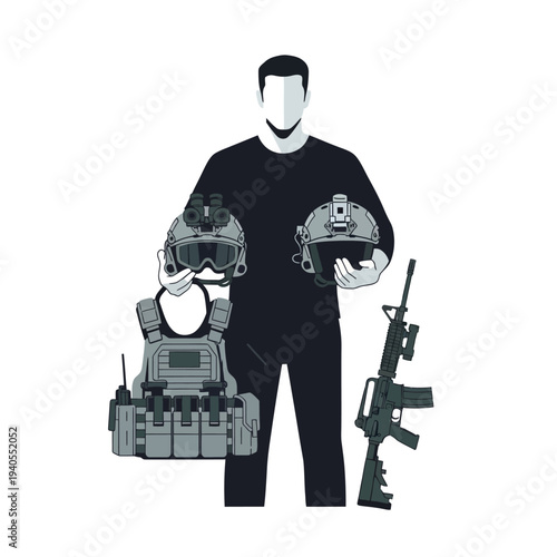 Soldier Gear: Body Armor, Helmet, Night Vision, Rifle - Military Equipment Concept