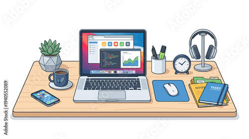 Laptop and Office Supplies on Desk.