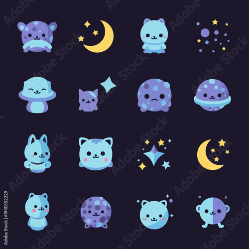 Cute Kawaii Space Creatures and Celestial Objects on Dark Background