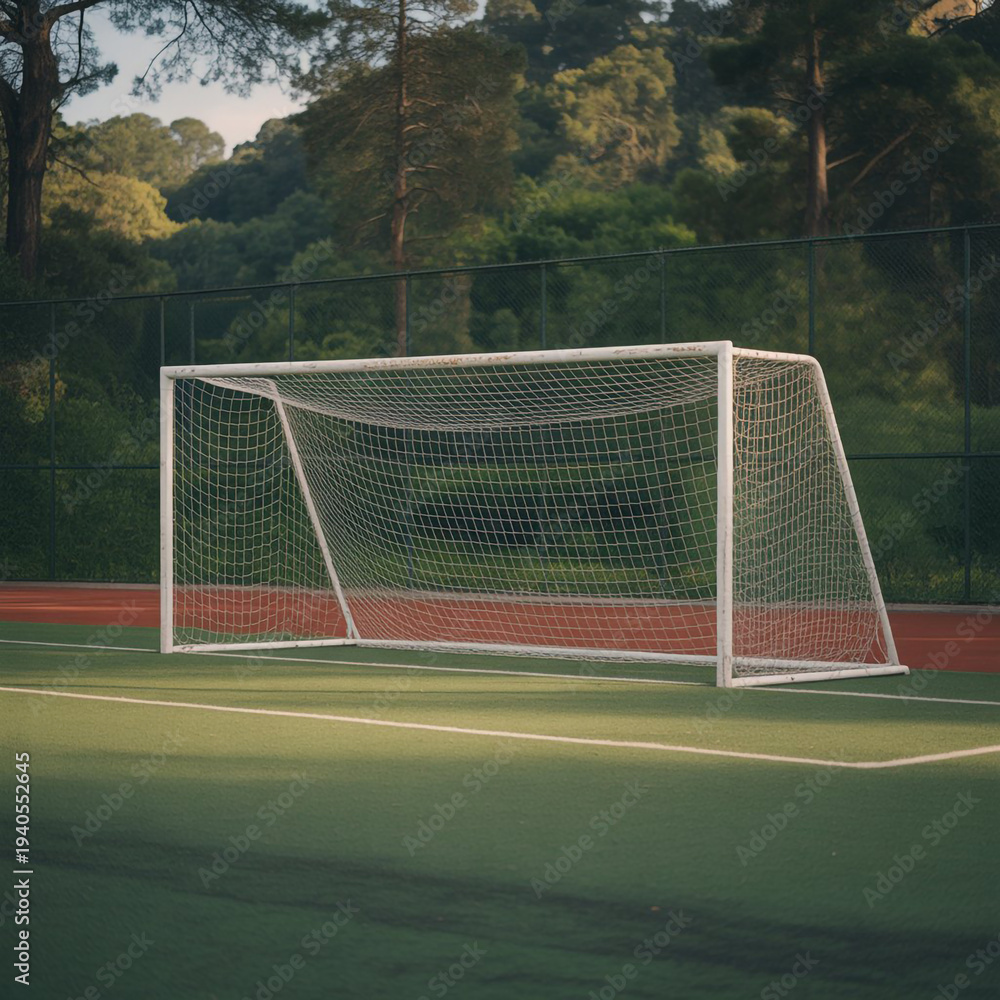 Fototapeta premium Soccer goal on a green field with trees in the background on a sunny day