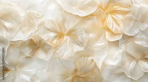 A close-up of delicate white and beige paper or fabric flowers, arranged in a soft and elegant pattern