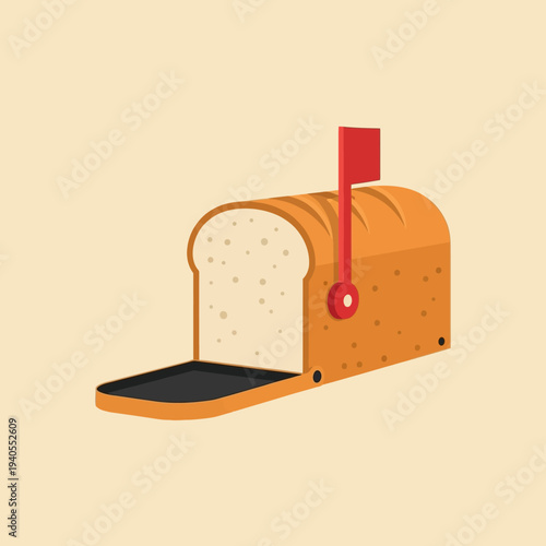 Creative Bread Mailbox with Red Flag on Beige Background - Funny Food Concept