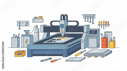 A modern industrial laser cutting machine in a workshop setting with tools and materials.
