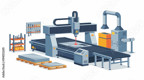 Industrial laser cutting machine with metal sheets, tools, and exhaust system in a factory setting.