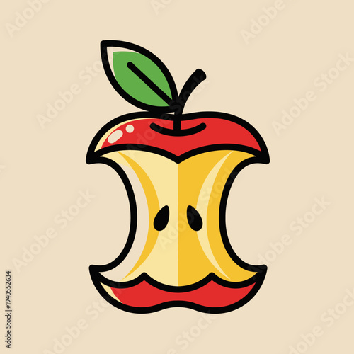 Bitten Apple Core with Leaf and Stem, Healthy Food Waste Concept