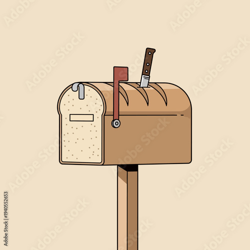 Bread loaf mailbox with knife, surreal concept art, creative food illustration