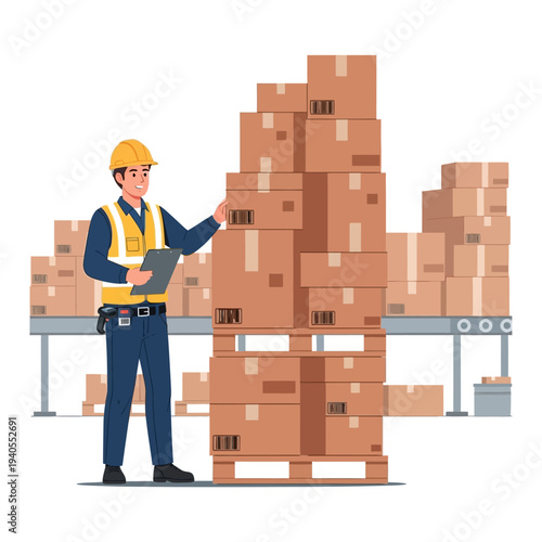 Warehouse worker checking stacked boxes on pallet, logistics and supply chain management