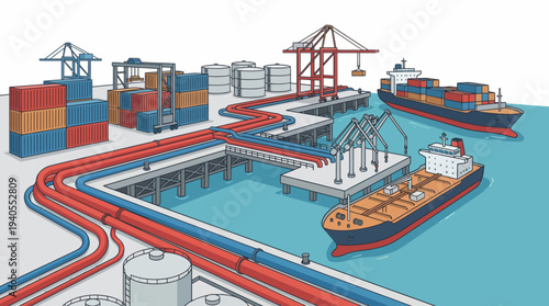 Illustration of a busy industrial port with cargo ships, cranes, containers, and pipelines.