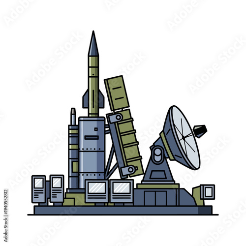 Missile defense system with radar and launch platform, military technology, vector illustration