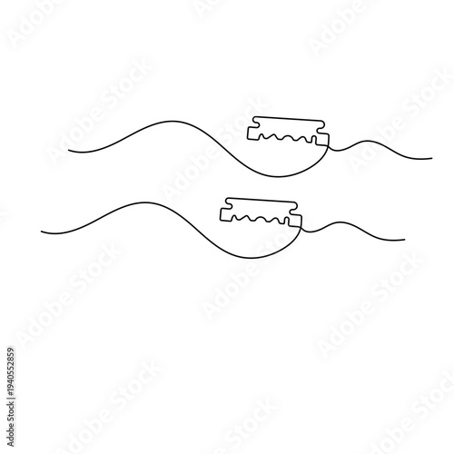 Continuous line drawing of a sharp steel razor blade on a white background
