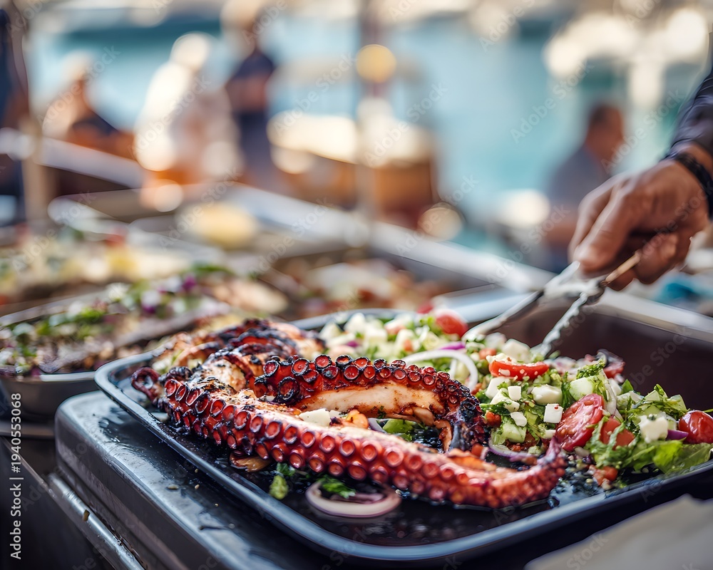 Obraz premium Exquisite Grilled Octopus with Fresh Mediterranean Salad, a Culinary Delight on a Digital Art Platter