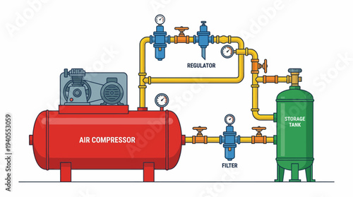Diagram illustrating the components and flow of an industrial air compressor system with a storage tank, filter, and regulator.