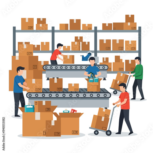 Warehouse workers loading boxes onto conveyor belt and shelves, logistics and delivery concept