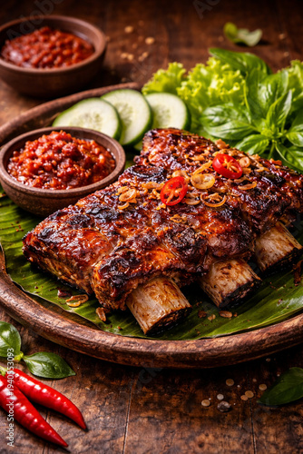 Indonesian Grilled Beef Ribs Iga Bakar with Sambal and Fresh Vegetables on Rustic Wooden Plate