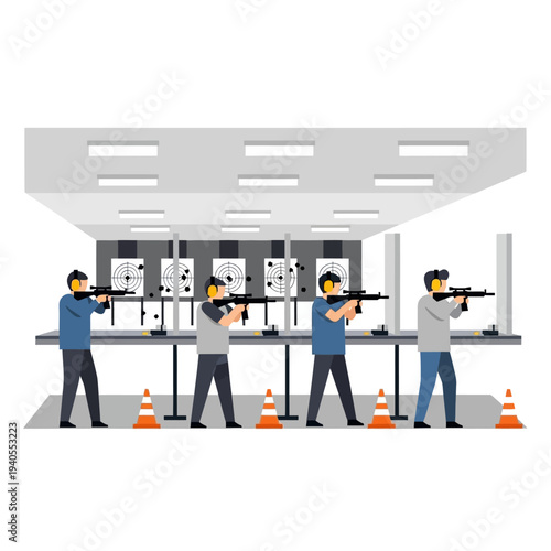 People shooting at targets in an indoor gun range, practicing marksmanship