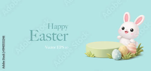 Happy bunny is hiding behind Easter eggs and an empty green podium, 3D. Modern banner mockup for placing advertising offers and Easter greetings. Vector illustration.