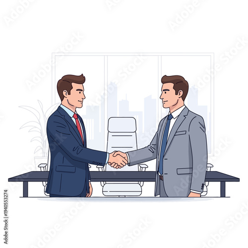 Two businessmen shaking hands in a modern office, symbolizing agreement and partnership