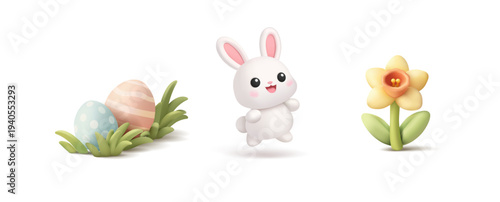 3D Easter icon set. Cheerful bunny jumping, daffodil, Easter eggs in the grass. For Easter greeting concepts. Isolated icons on white background. Vector illustration.