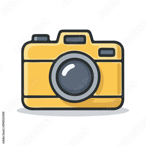 Yellow Digital DSLR Camera Icon, A modern yellow camera icon with a large lens, representing photography, capturing memories, sightseeing, and media