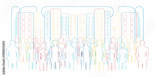 Abstract illustration of a city skyline with a crowd of people