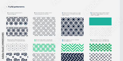 Collection of diverse geometric patterns and color swatches presented on a white background