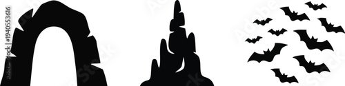 Underground Cavern Silhouette Set: Stone Cave Entrance Arch, Stalagmite Rock Formation, and Swarm of Flying Bat Icons