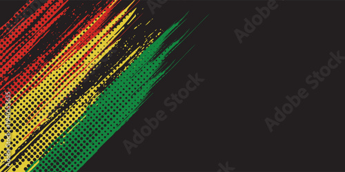 Grunge brush strokes in red, yellow, and green with halftone pattern on white background. Perfect for reggae themes, music flyers, cultural designs, and creative artwork.