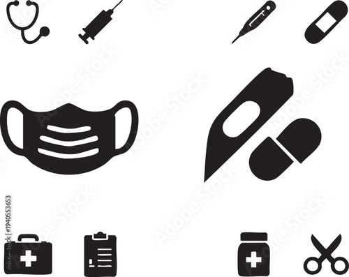 Medical Tools Silhouette Icon Set – Healthcare Equipment Vector Collection with Stethoscope, Syringe, Thermometer, Mask and First Aid Kit