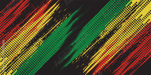Grunge brush strokes in red, yellow, and green with halftone pattern on white background. Perfect for reggae themes, music flyers, cultural designs, and creative artwork.