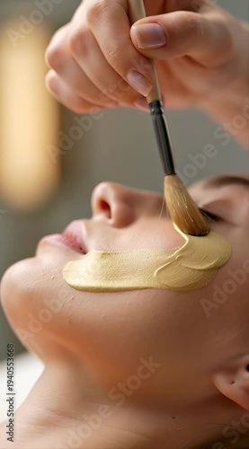 A person applies a face mask using a brush in a relaxing setting