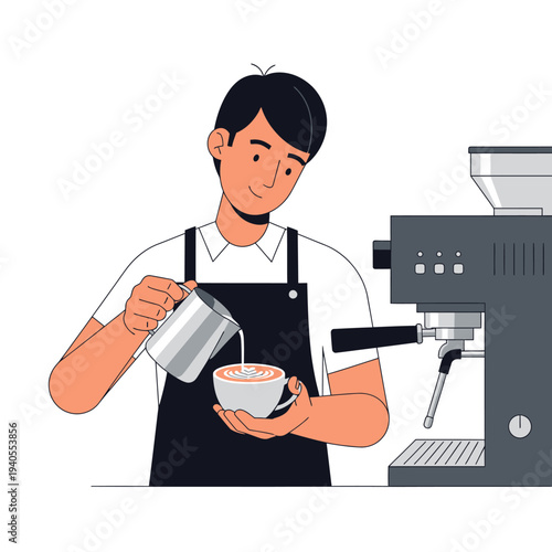 Barista making latte art with espresso machine and milk pitcher