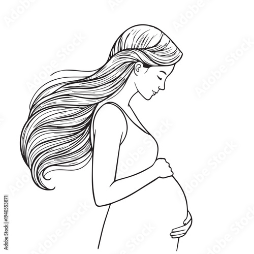 Vector line art illustration of a beautiful pregnant woman with long hair wearing a white dress, depicting a mother's love through a minimalist sketch profile